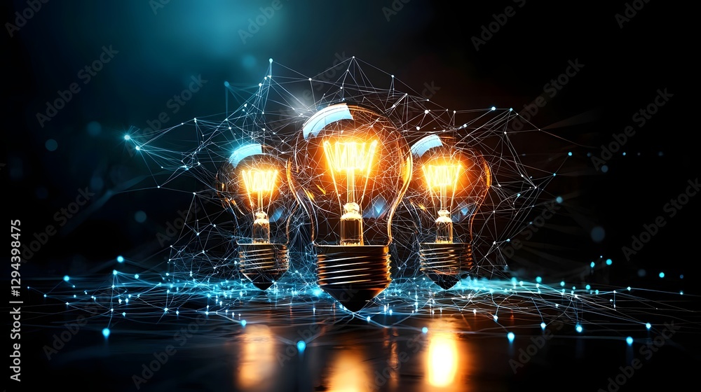 Futuristic and creative concept representing innovation technology and advancement Bright light bulbs emitting electric energy and glowing digital connections weaving through the space