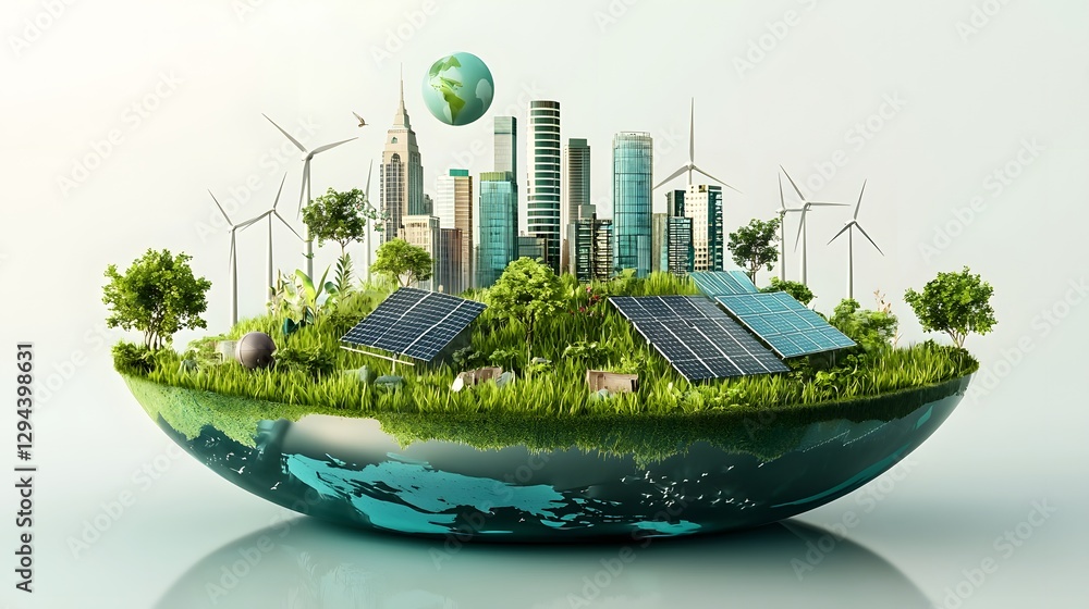 Futuristic cityscape with renewable energy technology including wind turbines and solar panels integrated into a modern eco friendly urban landscape