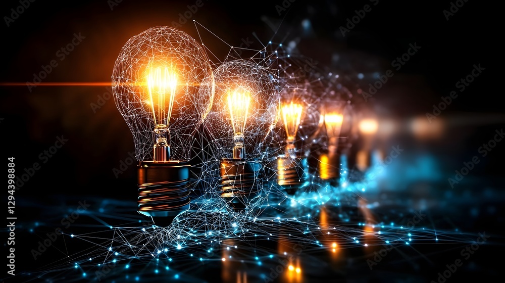 Futuristic concept of innovation creativity and technological advancement represented by bright glowing light bulbs emitting electric energy and weaving digital connections through a dynamic