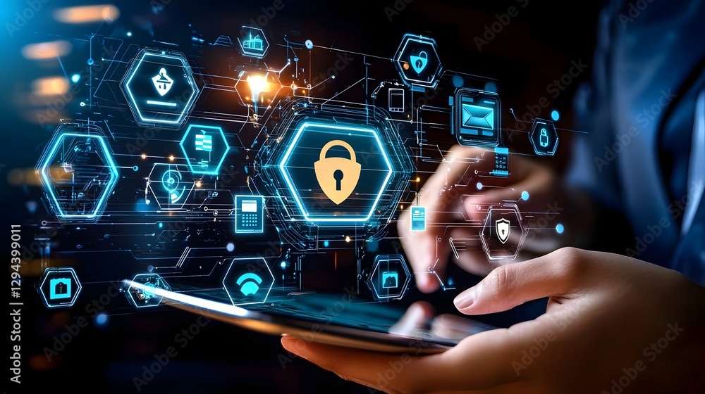 Futuristic digital interface with floating security icons on a tablet illustrating concepts of online privacy identity verification and financial safety in the digital age