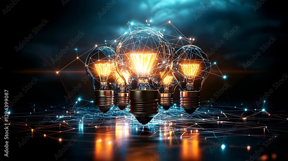 Futuristic digital network of glowing illuminated lightbulbs interconnected by radiant neon lines symbolizing the flow and exchange of innovative ideas set against a dark atmospheric backdrop