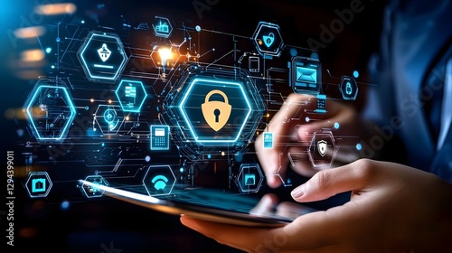 Obraz na płótnie Futuristic digital interface with floating security icons on a tablet illustrating concepts of online privacy identity verification and financial safety in the digital age w salonie