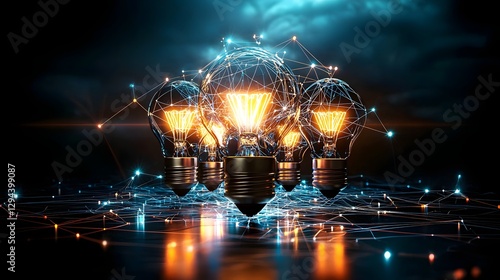 Obraz na płótnie Futuristic digital network of glowing illuminated lightbulbs interconnected by radiant neon lines symbolizing the flow and exchange of innovative ideas set against a dark atmospheric backdrop w salonie