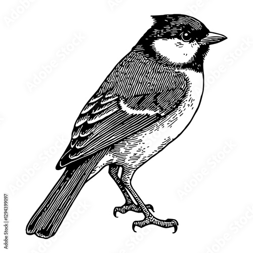Engraved Tit Bird Standing Upright in Detailed Black and White Outline Line Art Drawing