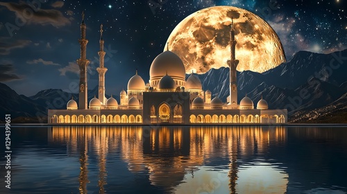 Obraz na płótnie Futuristic sci fi mosque with glowing accents and intricate details under a giant full moon set against a cosmic sky filled with stars nebulae and a dreamlike otherworldly atmosphere w salonie
