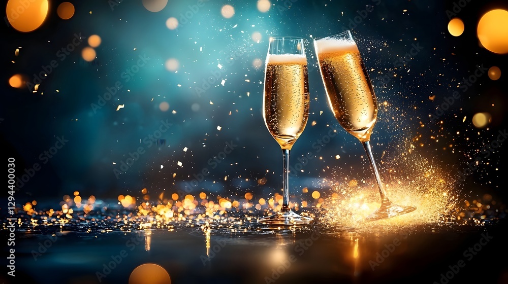 Gleaming champagne flutes in a dreamy festive golden bokeh backdrop creating a sophisticated celebratory mood with a touch of glamour for special occasions like New Year s Eve anniversaries