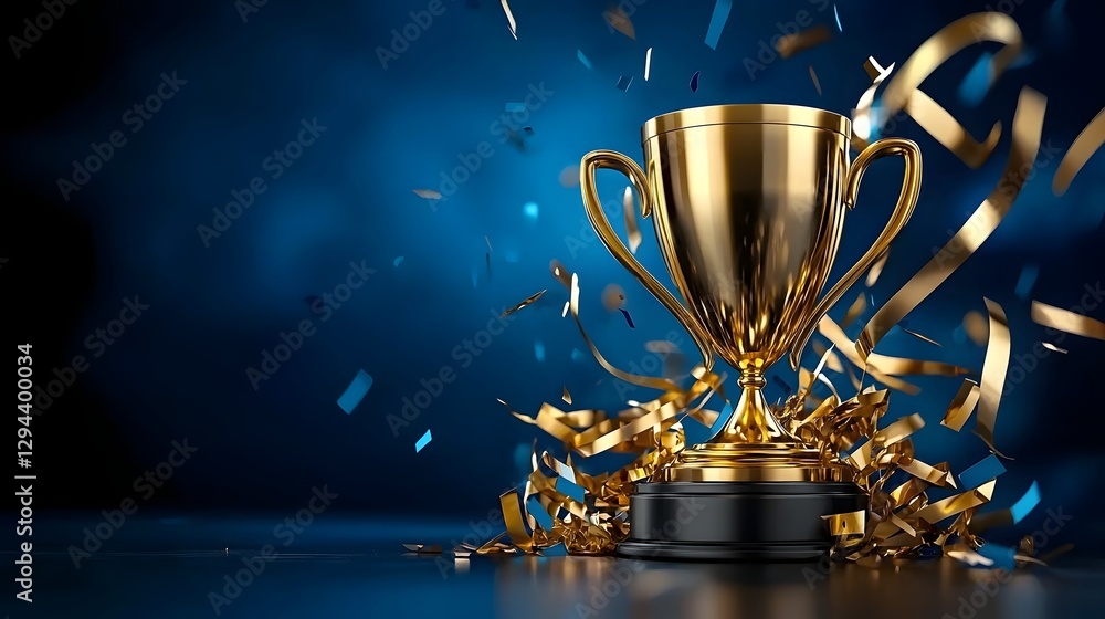 Gleaming golden trophy stands amidst a shower of celebratory confetti symbolizing corporate achievement business success and the triumph of hard work and dedication