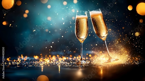 Obraz na płótnie Gleaming champagne flutes in a dreamy festive golden bokeh backdrop creating a sophisticated celebratory mood with a touch of glamour for special occasions like New Year s Eve anniversaries w salonie
