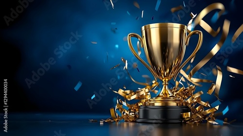 Obraz na płótnie Gleaming golden trophy stands amidst a shower of celebratory confetti symbolizing corporate achievement business success and the triumph of hard work and dedication w salonie