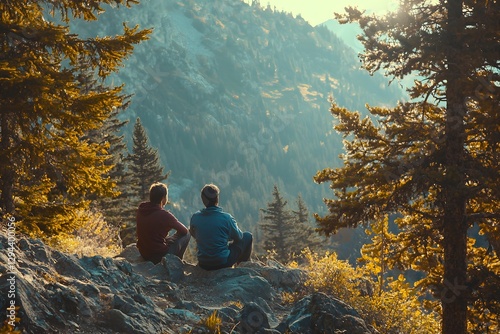 two man sitting on a rock