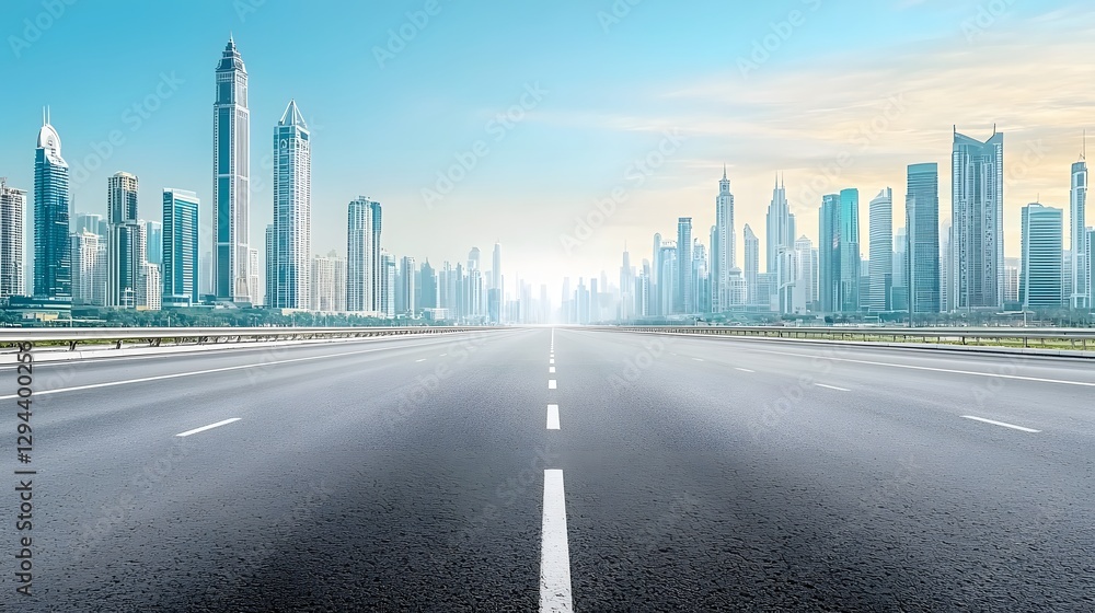 Gleaming skyscrapers and modern high rise buildings soar into the sky flanking an empty asphalt road that stretches towards a radiant sunlit horizon symbolizing progress opportunity