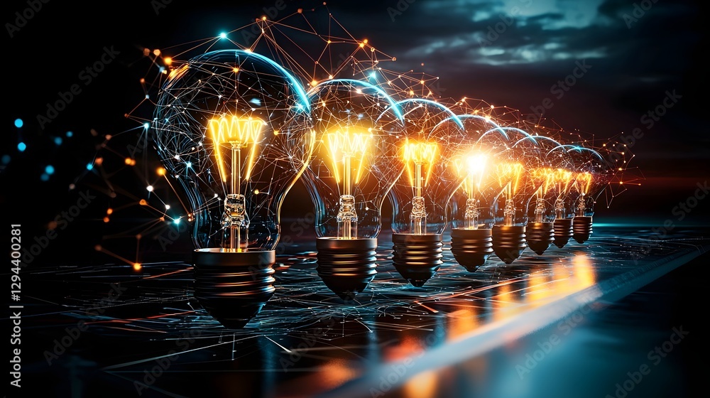 Glowing and illuminated light bulbs interconnected by radiant neon lines symbolizing the flow of ideas and innovation within a futuristic digital network set against a dark atmospheric backdrop