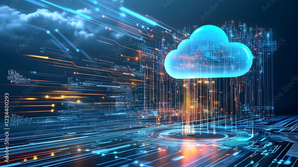 Glowing cloud icon hovering in a futuristic digital space surrounded by holographic circuits and flowing data streams with blue and golden light illuminating the abstract background