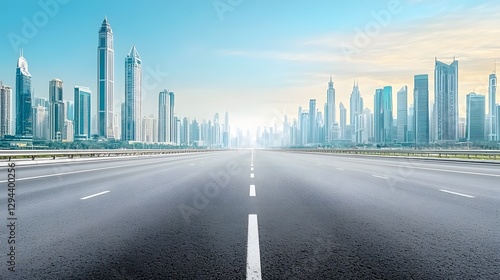 Obraz na płótnie Gleaming skyscrapers and modern high rise buildings soar into the sky flanking an empty asphalt road that stretches towards a radiant sunlit horizon symbolizing progress opportunity w salonie