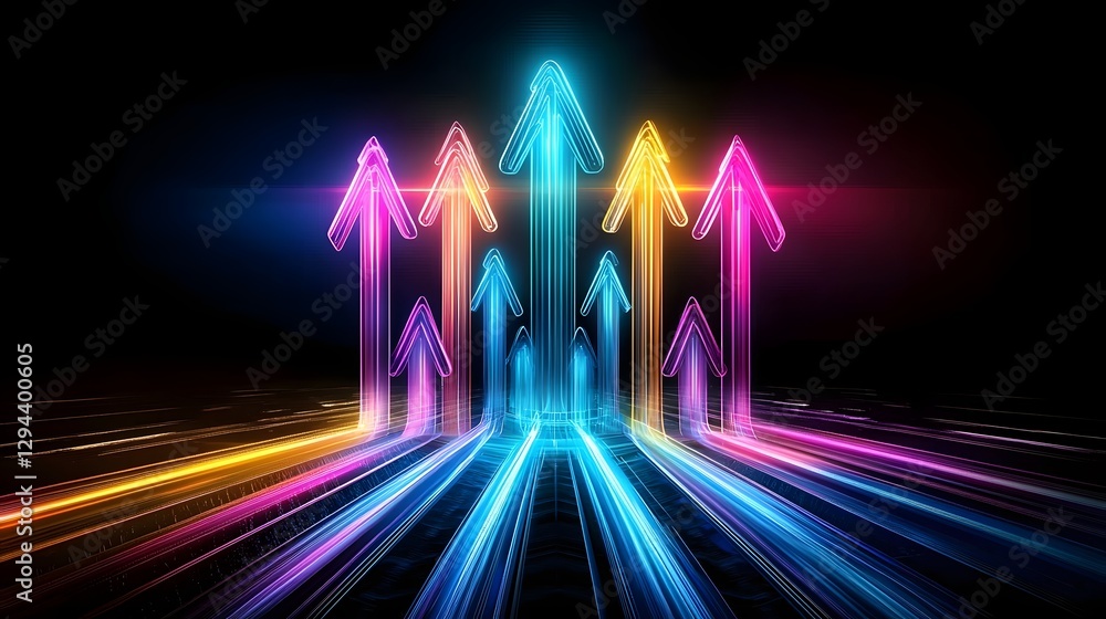 Glowing neon arrows pointing upwards through the darkness vibrant electric blue and pink lights radiating energy symbolizing progress direction and forward motion