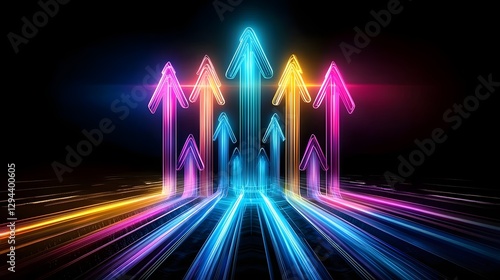 Glowing neon arrows pointing upwards through the darkness vibrant electric blue and pink lights radiating energy symbolizing progress direction and forward motion