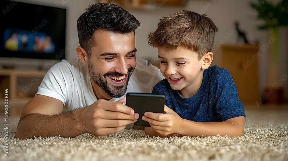 Heartwarming image of a father and son lying on a soft carpet sharing laughter and exploring a smartphone together