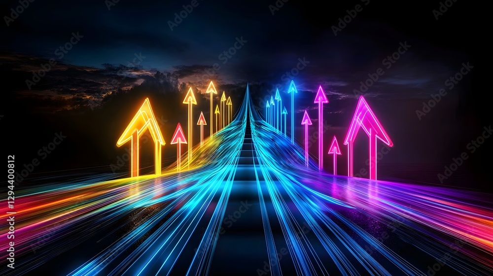 High energy digital scene with bright neon arrows shining against a deep black backdrop strong beams of light extending outward to emphasize leadership speed and futuristic progress