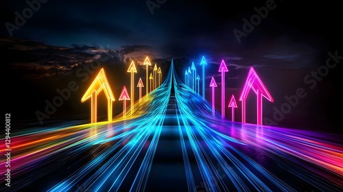 Obraz na płótnie High energy digital scene with bright neon arrows shining against a deep black backdrop strong beams of light extending outward to emphasize leadership speed and futuristic progress w salonie