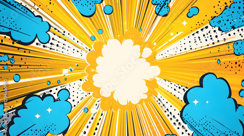 The comic book-style background is filled with white clouds, and the yellow circular cartoon explosion in the center has blue edges
