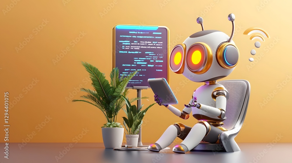 Humanoid chatbot or digital assistant interacting with digital screens and controls in a modern futuristic office setting AI powered technology automation
