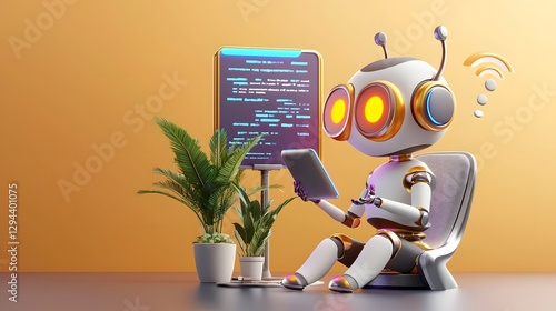 Obraz na płótnie Humanoid chatbot or digital assistant interacting with digital screens and controls in a modern futuristic office setting AI powered technology automation w salonie