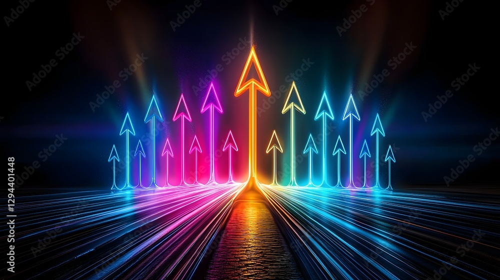 Luminous neon arrows rising against a vibrant gradient background depicting a futuristic dynamic and innovative concept of progress growth and positive direction