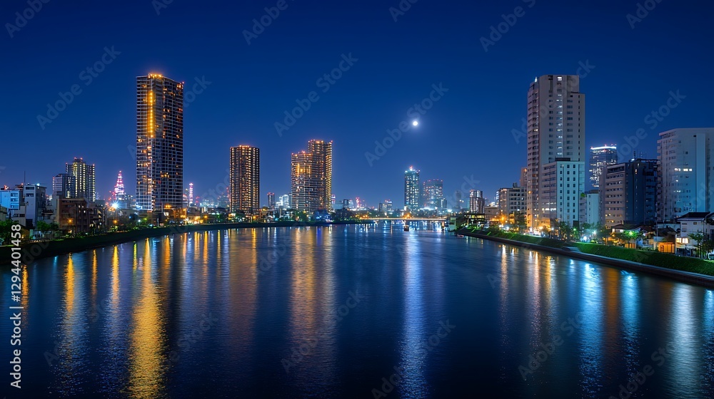 Fototapeta premium A nighttime urban cityscape along a reflective waterway with lights