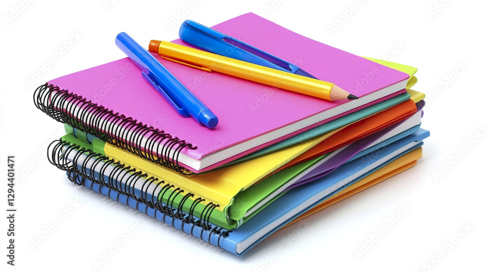 Colorful spiral notebooks with pens and pencil on top Colorful spiral notebooks with pens and pencil on top
