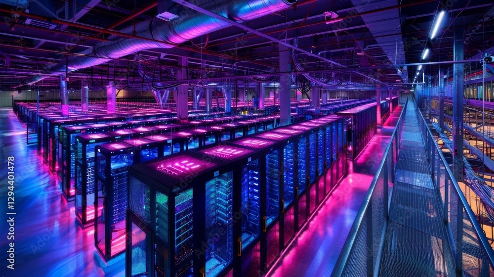 Fototapeta premium Rows of sleek server racks are lit with vivid pink and blue lights in a modern data center, emphasizing the advanced technology and organized structure of the facility.