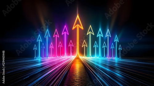 Obraz na płótnie Luminous neon arrows rising against a vibrant gradient background depicting a futuristic dynamic and innovative concept of progress growth and positive direction w salonie