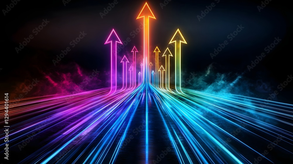 Luminous neon arrows rising upwards against a dark gradient backdrop conveying a sense of movement innovation and positive direction This futuristic abstract digital evokes emotions of progress