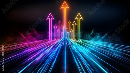 Obraz na płótnie Luminous neon arrows rising upwards against a dark gradient backdrop conveying a sense of movement innovation and positive direction This futuristic abstract digital evokes emotions of progress w salonie