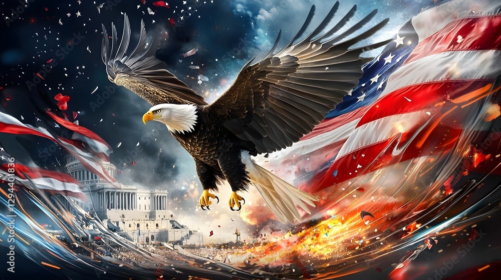 Majestic bald eagle soaring over a meticulously detailed presidential ceremony with grand classical architecture American flags waving in the wind
