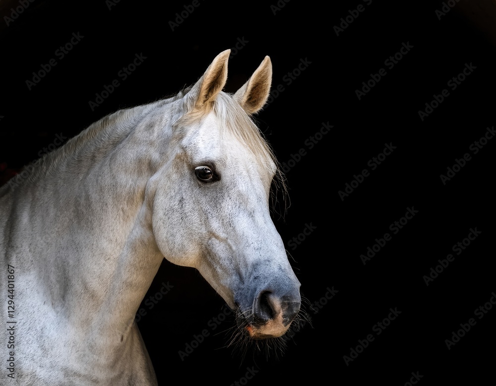 Fototapeta premium A noble white horse’s head emerges from the shadows, radiating grace and elegance. Generated with AI