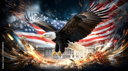 Majestic bald eagle soaring majestically over a prestigious and iconic presidential setting with intricate details of classical architecture patriotic flags