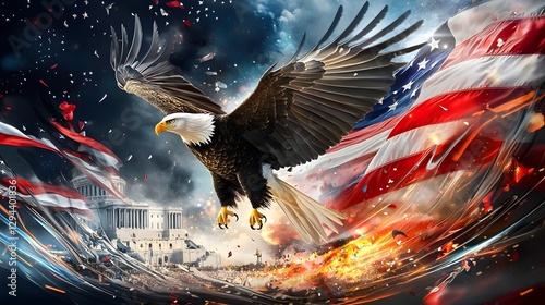 Majestic bald eagle soaring over a meticulously detailed presidential ceremony with grand classical architecture American flags waving in the wind