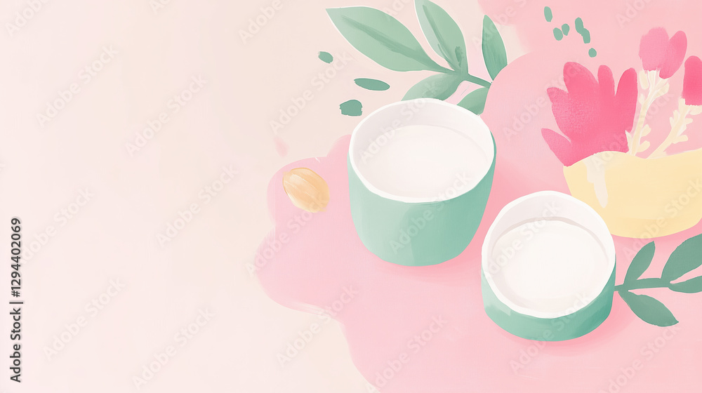 2D illustration of Elegant product display featuring organic skincare with floral elements and soft colors, creating serene and inviting atmosphere 2D illustration of Elegant product display featuring organic skincare with floral elements and soft colors, creating serene and inviting atmosphere
