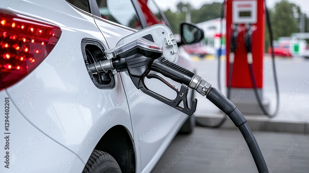 Vehicle at a gas station with brightly colored pumps and nearby convenience store in an urban environment Vehicle at a gas station with brightly colored pumps and nearby convenience store in an urban environment
