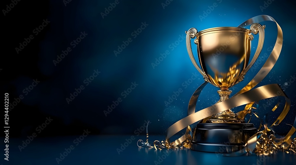 Majestic golden trophy surrounded by shimmering metallic streamers against a serene blue backdrop a 3D digital showcasing a victorious and celebratory scene