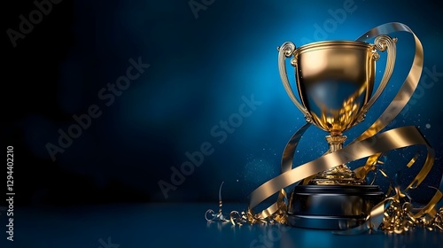 Obraz na płótnie Majestic golden trophy surrounded by shimmering metallic streamers against a serene blue backdrop a 3D digital showcasing a victorious and celebratory scene w salonie