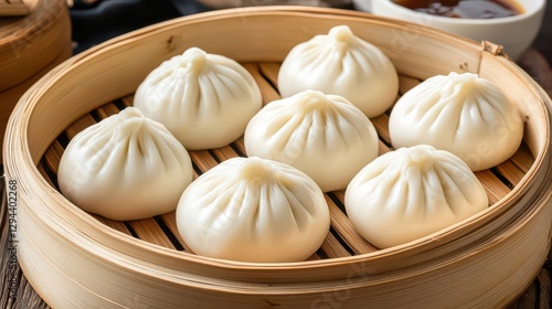 Ultra-realistic image of Chinese steamed buns (baozi) filled with char siu pork, arranged on a bamboo steaming tray.