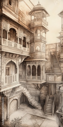 Sepia Toned Photograph of Ancient Stone Architecture in a City