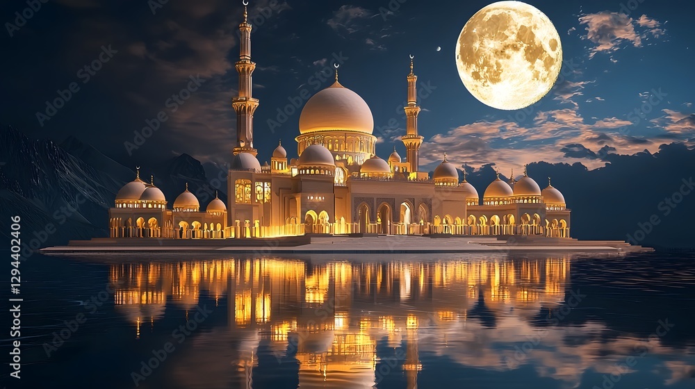 Majestic mosque with intricate domes and minarets glowing under the full moon deep blue night sky soft golden illumination highlighting the architectural elegance reflected in the calm waters below