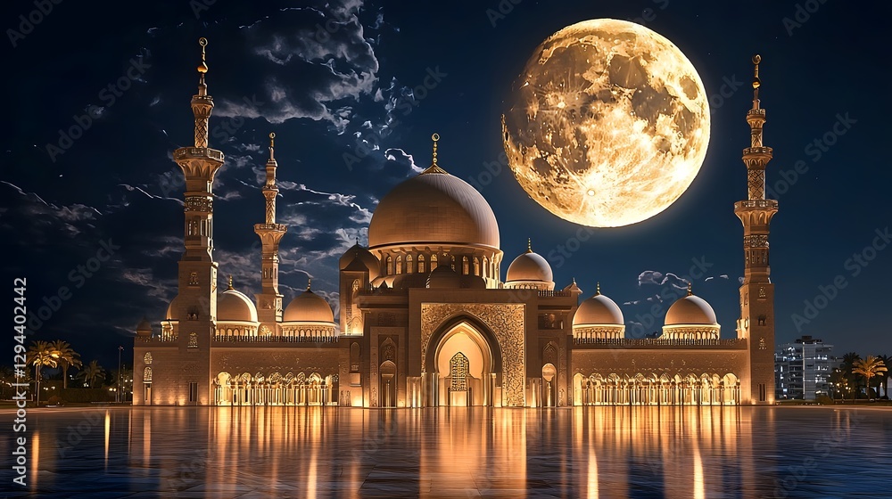 Majestic Mosque with Intricate Domes and Minarets Glowing Under the Luminous Full Moon in a Deep Blue Night Sky