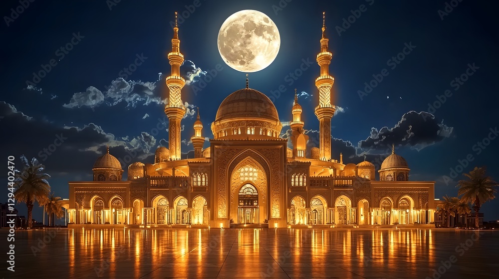 Majestic Mosque with Intricate Domes and Minarets Glowing Under the Radiant Full Moon in the Starry Night Sky