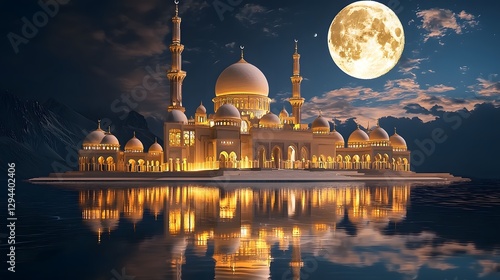 Majestic mosque with intricate domes and minarets glowing under the full moon deep blue night sky soft golden illumination highlighting the architectural elegance reflected in the calm waters below