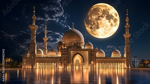 Obraz na płótnie Majestic Mosque with Intricate Domes and Minarets Glowing Under the Luminous Full Moon in a Deep Blue Night Sky w salonie