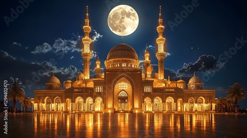 Obraz na płótnie Majestic Mosque with Intricate Domes and Minarets Glowing Under the Radiant Full Moon in the Starry Night Sky w salonie