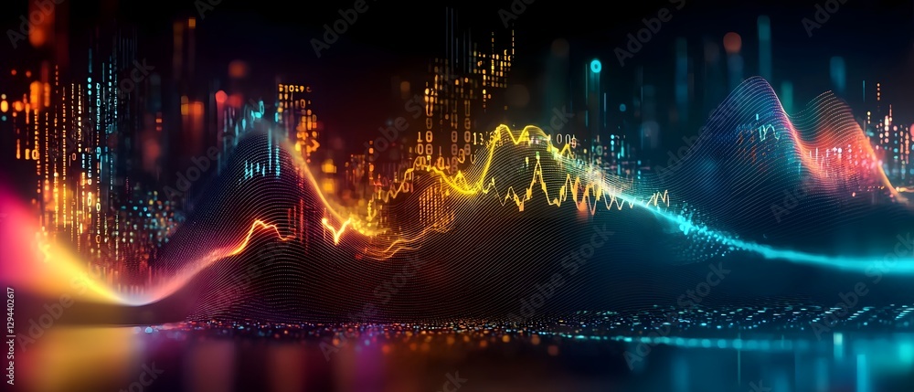 Fototapeta premium Mesmerizing Abstract Digital Landscape Blending AI Sound Waves and Holographic Visualizations A Minimalist yet Intricate Design Featuring Complex Patterns of Binary Code and Fluid
